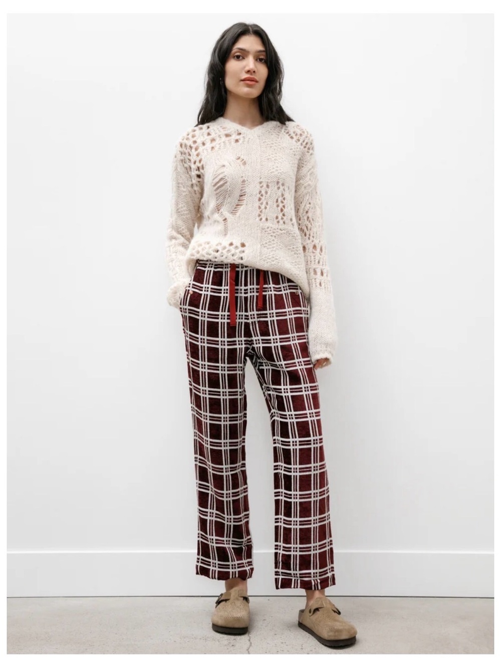Needles Burgundy and White Plaid Wide-Leg Pants